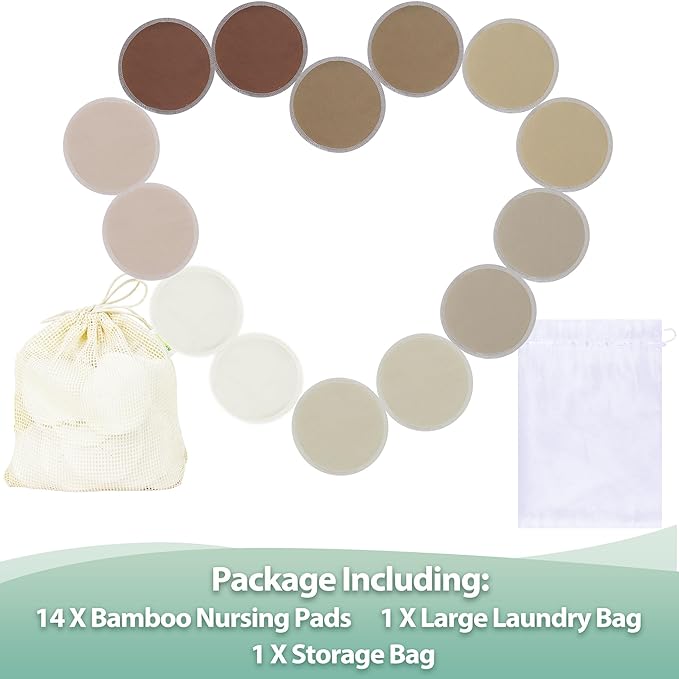 wegreeco Nursing Breast Pads (14 Pack) + Laundry Bag & Travel Storage Bag, 4.7 inch - Washable & Reusable Breastfeeding Nursing Pads (Brown, Plain Shape)