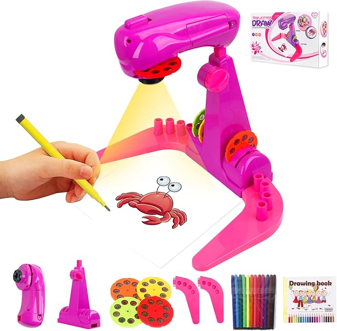 Kids Projection Drawing Toy,Smart Drawing Projector Toys,Trace and Draw Projector for Kids,with 32cartoon patters and 12color Brushes, Kid Learn to Draw and Sketcher (Pink)