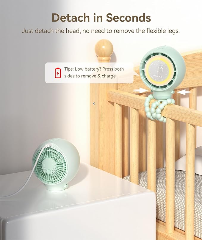Dreamegg Portable Stroller Fan - 4000mAh Rechargeable Baby Stroller Fan With LED Display, Night Light, Hidden Blade, Detachable 4 Speed 360ยฐRotate, Handheld Cooling for Crib,Travel, Car Seat(Green)