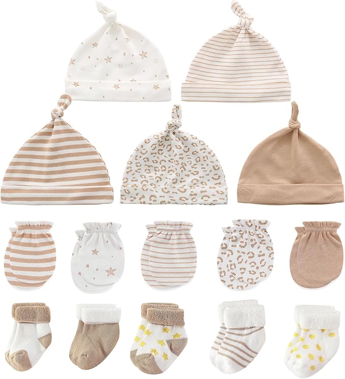 Newborn Baby Boy Girl Caps Mittens Socks Set Cotton Baby Essentials Accessories (Hats+Gloves+Socks)