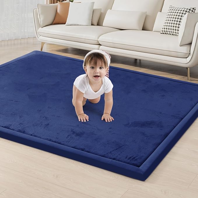 ACOMOPACK Baby Play Mat for Floor 1.3" Thick Memory Foam Play Mat 59"×71" Tummy Time Crawling with Non-Slip Bottom for Living Room,Nursery,Soft Velvet Playpen Mats for Kids,Infants(Royal Blue)