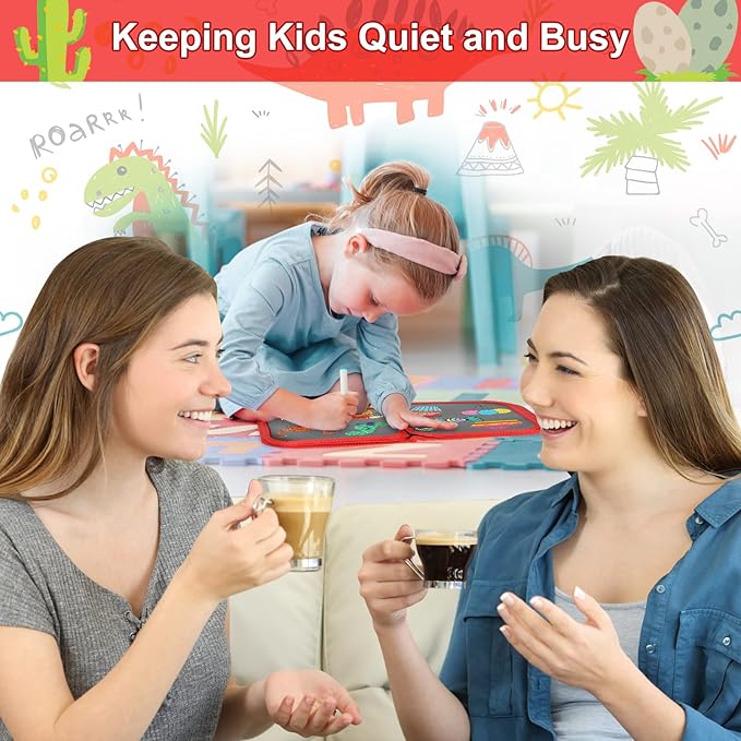 Erasable Doodle Set for Kids - Magic Drawing Book With 12 Watercolor Pens, 14 Page Reusable Drawing, Road Trip Car Game Writing Painting Set for Boys and Girls (Red)