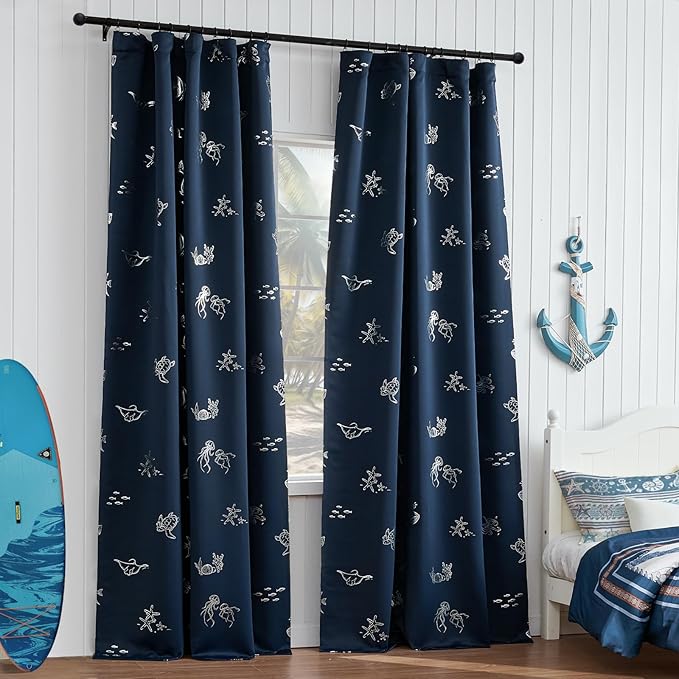 Vangao Kids Curtains for Boys Bedroom Kids Blackout Curtains 84 Inch Length Ocean Aquarium Nursery Drapes for Girls Bedroom Silver Sea Animals Print Thermal Insulated Drapes, Navy Blue 2 Panels