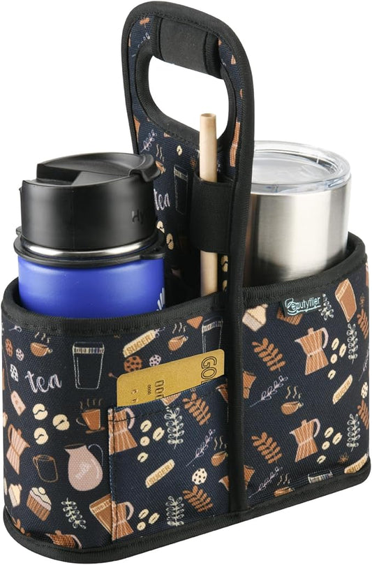 Beautyflier Drink Carrier with Handle for Delivery Reusable Insulated Coffee Cup Carrier Portable Cup Holder with Handle Organizer Tote Bag for Hot & Cold Drinks (2 Cup, Pattern3)