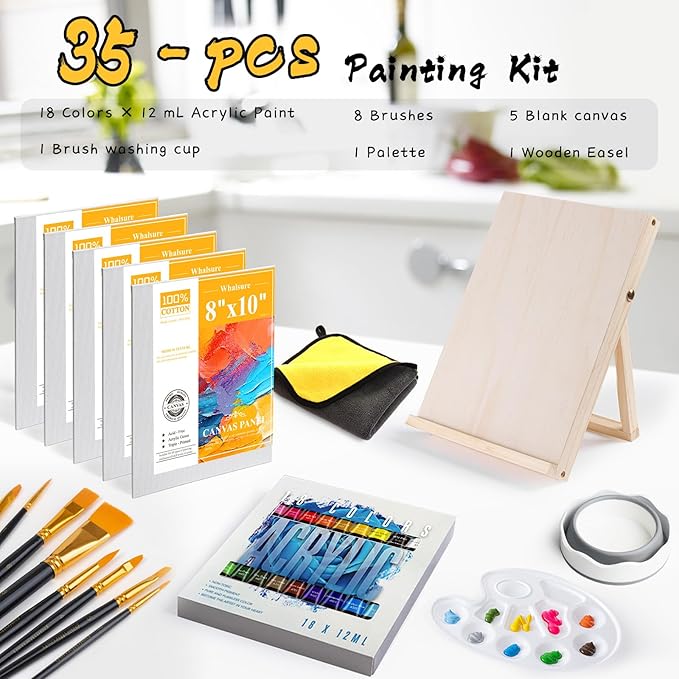 Painting Kit, Acrylic Paint Set for Kids & Adults - Painting Supplies with18 Acrylic Paints, 8 Painting Brushes, 5 Canvas Panels