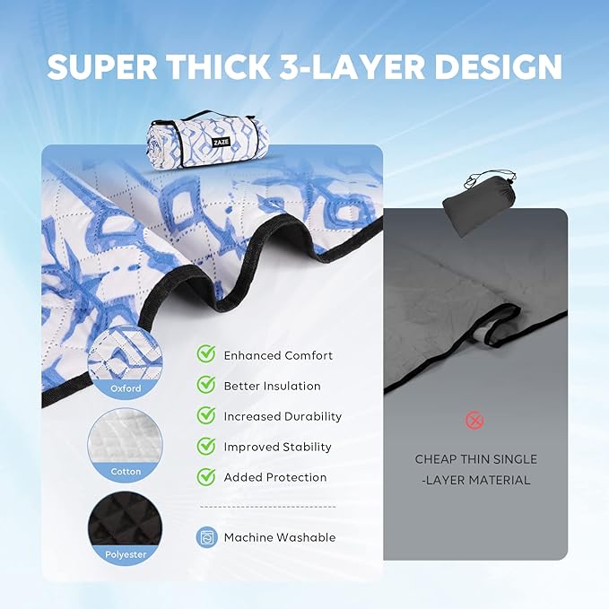 ZAZE Beach Blanket Picnic Blankets Waterproof Sandproof with Stakes, Thick 3-Layer 80 * 80 Oversized Mat, Extra Large Big Machine Washable, Foldable Accessories Outdoor Camping Park (Blue White)