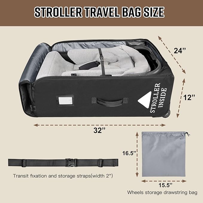 RAYMACE Padded Stroller Travel Bag for Airplane,Stroller Gate check bag with Wheels Compatible with UPPAbaby Vista,Vista V2,Cruz,Cruz V2, Travel Safe Protection Storage Bag,Patterned Design,Black