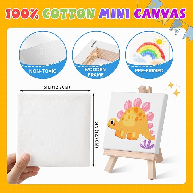 ESRICH 16 Set Mini Acrylic Paint Kit,5in Mini Stretched Canvas with 7.5in Easel,Acrylic Paint Strips,Paint Palettes,Painting Brushes, Small Canvas and Easel Set for Kids Artists Beginner,Gift