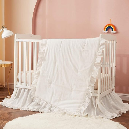 Brandream Farmhouse Crib Bedding Sets for Girls and Boys | 3 Piece Nursery Set White| Baby Comforter, Fitted Crib Sheet, Crib Skirt Included,100% Washed Cotton
