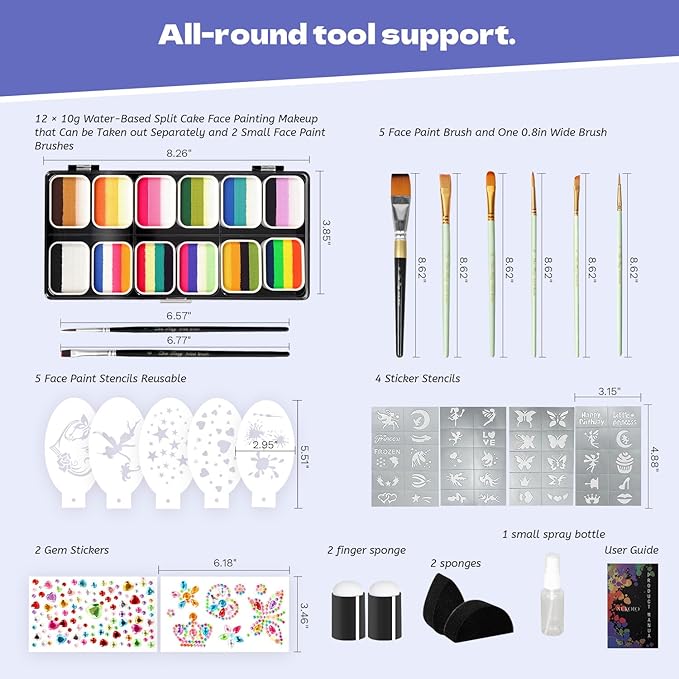 Pintada 120g Large Capacity Face Painting Kit for Kids - 12 x 10g Non Toxic Water Activated Face Paint Palette with Brush, Stencils, Gems, Sponges. For Halloween , Carnival, Party, Festivals & Events.