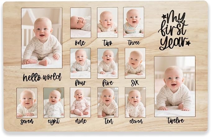 CHONIC My First Year Photo Board, 1st Birthday Gifts for Boy or Girls, 12 Month Pictures Frame for Baby First Year, One Year Birthday Decorations Milestone Sign, Wooden Baby Keepsake Gifts