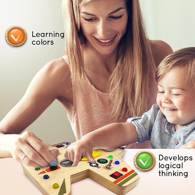 Toddler Montessori Busy Board - Wooden Educational Toy with Lights, Switches, Compass, Relay, Spinner - Sensory Board - Preschool Motor Skills Learning Activities - Christmas & Birthday Gift