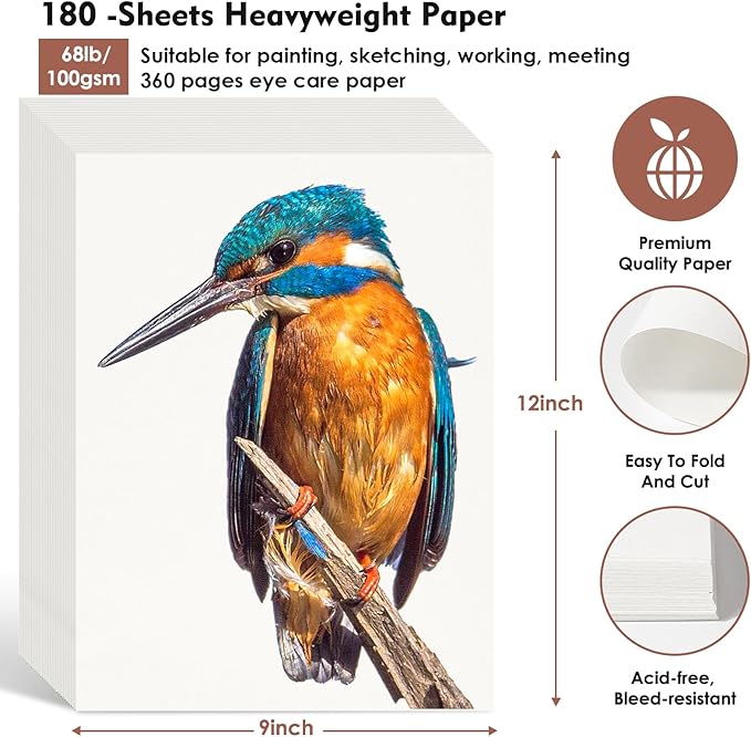 180 Sheets Sketch Paper, 9" x 12" Acid Free Artist Art Easel Drawing Painting Writing Sketching Book Paper Bulk, Study Essentials College Office School Supplies for Kids Students Adults Beginners