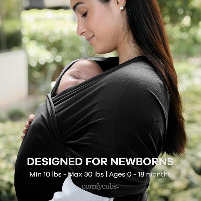 Comfy Cubs Baby Wrap Carrier - Soft & Secure Fit Cotton Blend Baby Carrier Newborn to Toddler - Hands-Free & Lightweight Infant Wrap - Adjustable, One Size Fits All Toddler Sling - Black