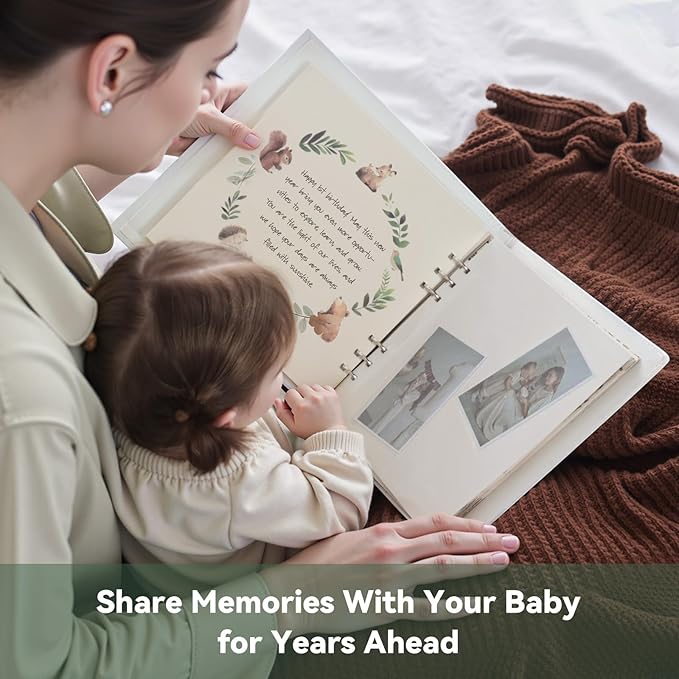 Leather Embroidery Baby Book Keepsake - Gender Neutral Baby Memory Book, Baby Photo Album for First 5 Years, Baby Books for Baby Shower, Pregnant Mom Gifts, Forest-Inspired Design, 10" x 10"