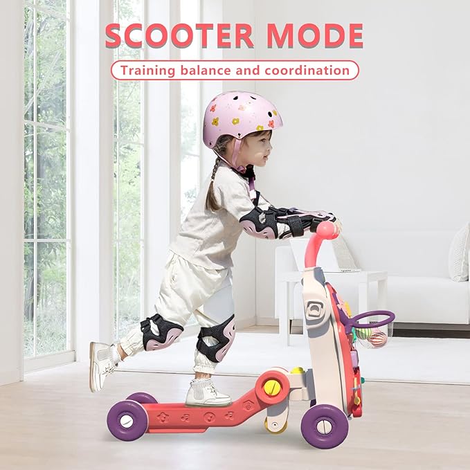 QDRAGON 5 in 1 Walker for Baby Girl, Baby Push Walkers, Assemble as Scooter/Motorbike/Activity Center/Detachable Panel, Walking Toys for Infants 6-12 Months, Red