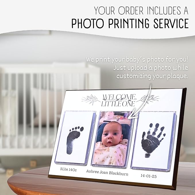 Baby Hand and Footprint Kit with Photo & Birth Details, Inkless Hand and Footprint Kit, Newborn Keepsake Plaque, Baby Shower Gifts (STYLE 1 (Fully Personalized) (Welcome Little One))