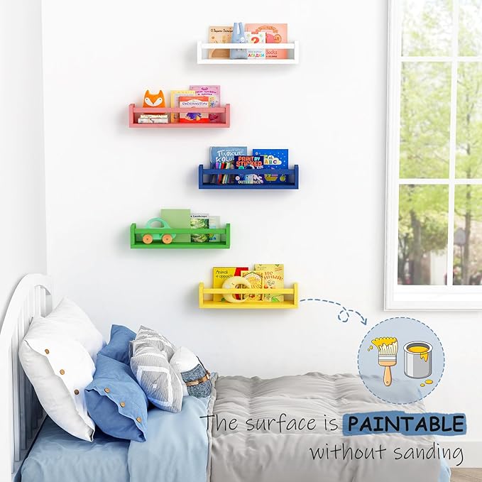 Floating Nursery Book Shelves for Wall, Natural Wood Wall Bookshelf for Kids Room Bedroom, Small Wooden Hanging Baby Book Shelf and Toy Organizer for Nursery Girl Boy Toddler Child - Set of 3