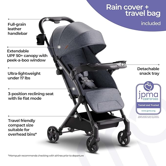 Mompush Lithe V2 Lightweight Travel Stroller, Compact Foldable Baby Stroller with Travel Bag, One-Hand Fold Stroller, Snack Tray, Mechanical Recline Seat, Airplane-Ready, UPF 50+ Canopy & Rain Cover