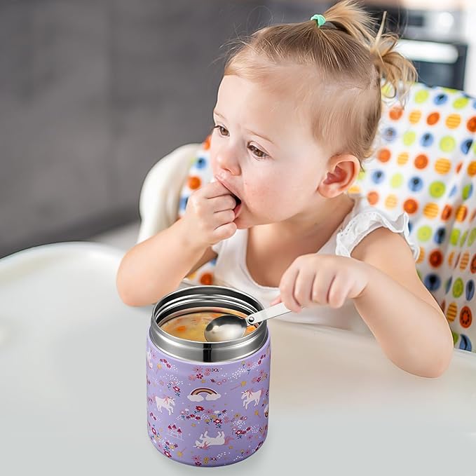 17oz Soup Thermo for Hot Food Kids Insulated Vacuum Food Jar with Stainless Steel Spoon Wide Mouth Thermo Leakproof Lunch Food Container Kids Hot Lunch Box (Purple-Horse)
