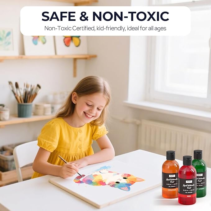 Nicpro 6 Colors Liquid Watercolor Paint Set, 8.45oz Large Bottle Liquid Watercolor Paint, Non-Toxic Water Colors Painting Supplies for Art Activity, Craft DIY, Poster, School, Home, Classroom, Party