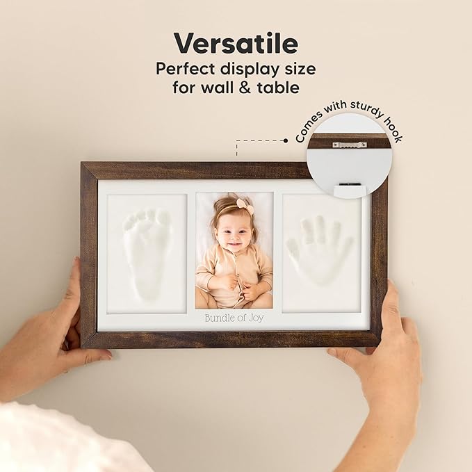Baby Hand and Footprint Kit - Clay Handprint Keepsake Frame, Newborn Nursery Picture Frame, Personalized New Mom Gifts for Baby Shower & Registry (Dark Walnut)