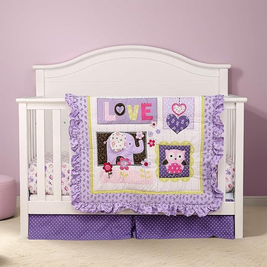 Brandream Crib Bedding Set 3 Pieces Purple Baby Girls Cotton Patchwork Flowers Elephant Owl Nursery with Ruffle Design, Princess Lovely Cute Breathable Healthy