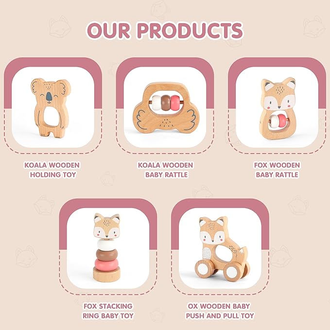 Freniland Wooden Montessori Toys, 5-Piece Wooden Baby Toys, Koala Wooden Baby Rattle, Fox Stacking Ring Baby Toys, Little Fox Wooden Baby Push and Pull Toys,Newborn Baby Gift Sets for Boys and Girls