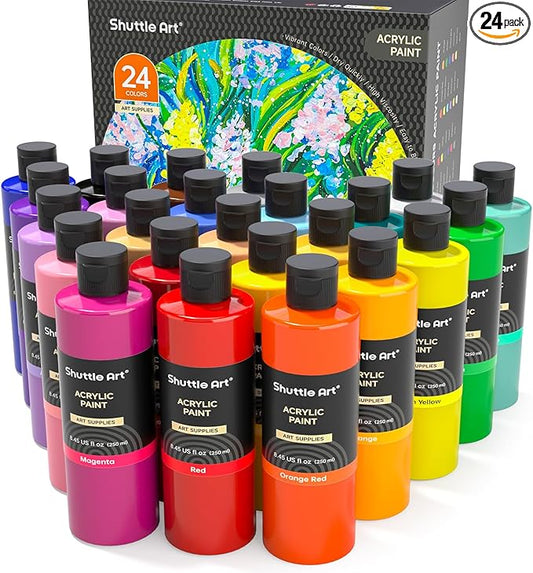 Shuttle Art Acrylic Paint, 24 Colors Acrylic Paint Bottle Set, 250ml/8.45oz Each, Rich Pigments, High Viscosity, Bulk for Artists, Beginners and Kids Painting on Rocks Crafts Canvas Wood