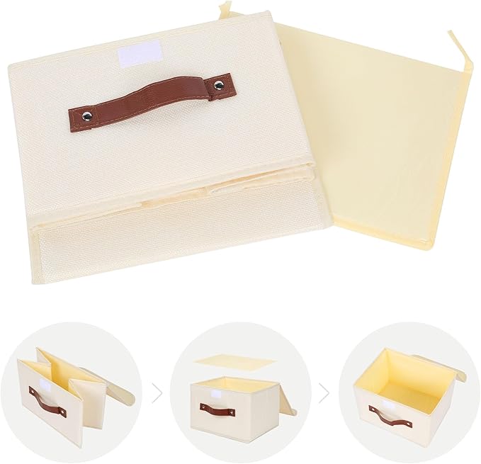 ANMINY Storage Bin with Lid Storage Boxes with PU Leather Handles PP Plastic Board Decorative Foldable Lidded Cotton Linen Fabric Home Cubes Baskets Closet Organizer Container - Beige, Small Size