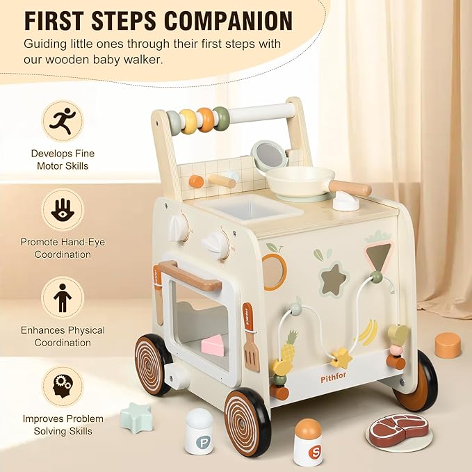 Wooden Baby Walker, 3-in-1 Baby Push Walker, with Pretend Kitchen, Montessori Sensory Activity Center, Push Walker Toys for Babies Learning to Walk, Sit-to-Stand