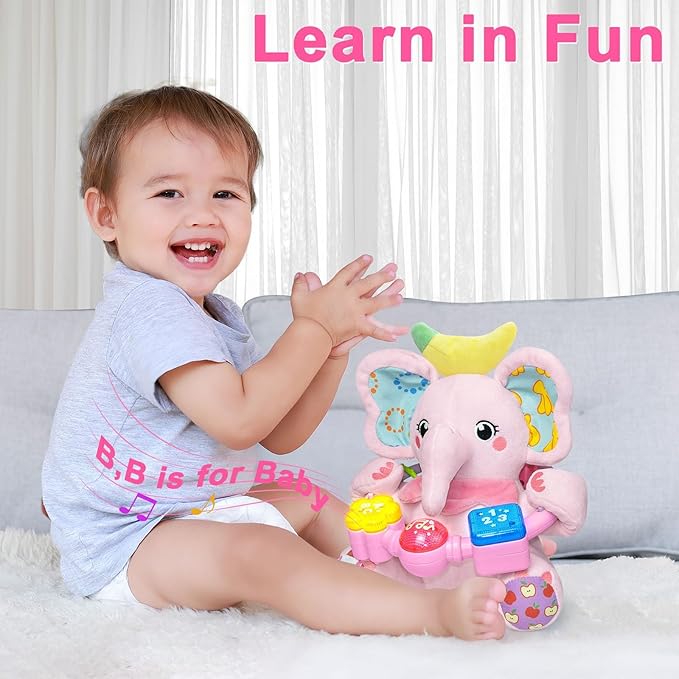 Baby Elephant Musical Stuffed Animals Toy with Light-Up Music & Crinkle Sound Paper,Infant Bilingual Early Learning Education Toys,Tummy Time Toys for 0-3-6-12+ Months Boy Girl, Pink