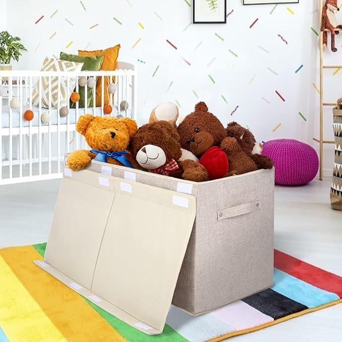 popoly Large Toy Box Chest Storage with Flip-Top Lid, Collapsible Kids Storage Boxes Container Bins for Toys, Playroom Organizers, 25"x13" x16"(Linen Beige)