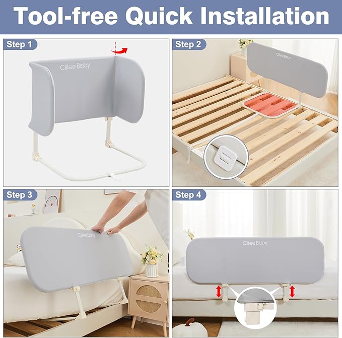 Ciilee Baby Bed Rail for Toddlers Portable Travel Kids Beds Guard Rails for Queen Bed Foldable Children Side Railing for Twin Beds Adjustable Bedrail Barandas para Camas de Niños(Grey,48in