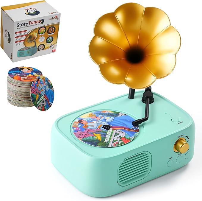 Kids Phonograph Toddler Record Player, with 96 Learning Cards, Early Education Machine Record Player Music Box Storyteller pop Speakers, Gift for Boys and Girls