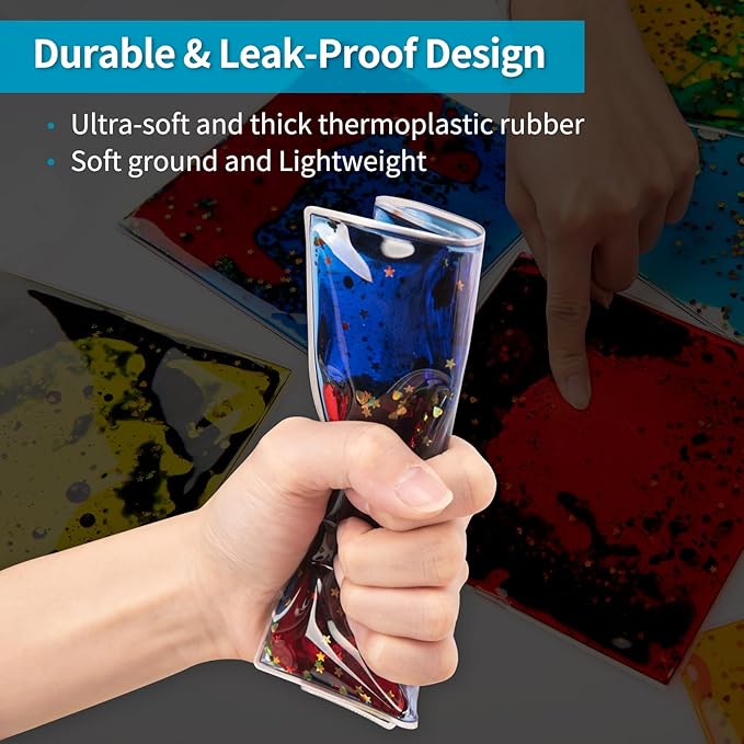 Art3d 6”x6” Square Sensory Fidget Liquid Motion Tiles for Kids, Toddler, Teens - Interactive Soft Gel Liquid Play Mats for Home, Schools, Playrooms, Multi-Pack of 6 Tiles