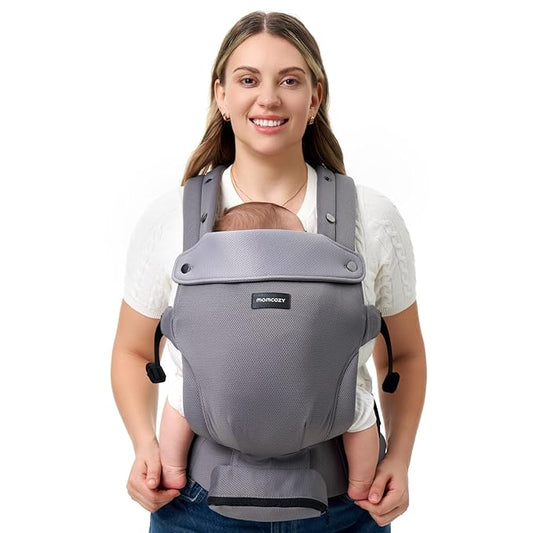 Momcozy Newborn Baby Carrier - Ergonomic, Cozy and Lightweight Carrier for 7-24lbs, Adjustable Neck Support with Sunshield, Breathable Airmesh Perfect for Summer Outing, Purplish Grey