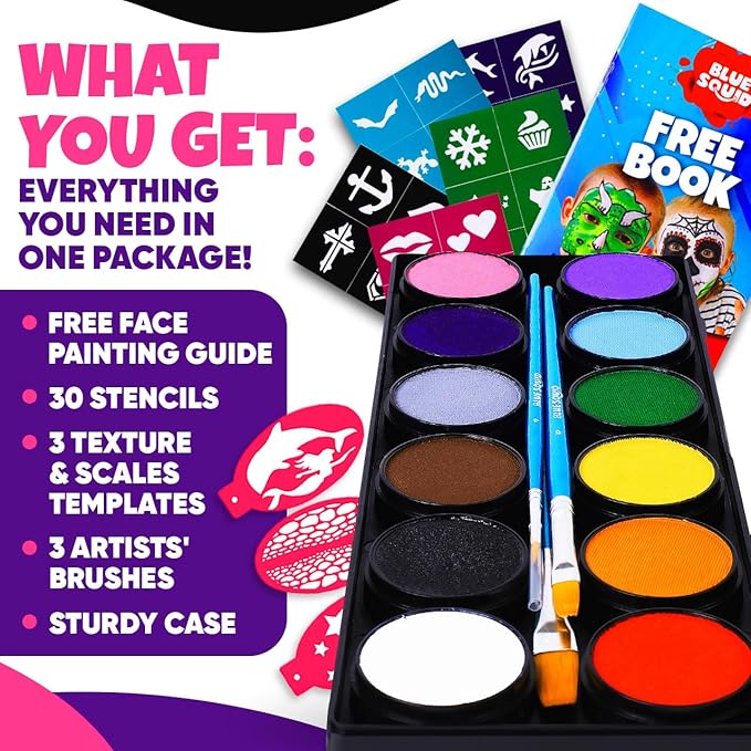 Blue Squid Face Painting Kit for Kids β Complete Face Paint Kit Palette, Stencils, 12 Colors - Safe for Sensitive Skin, Non Toxic Face Painting Kit Professional - Kids Party & Halloween Makeup Kit