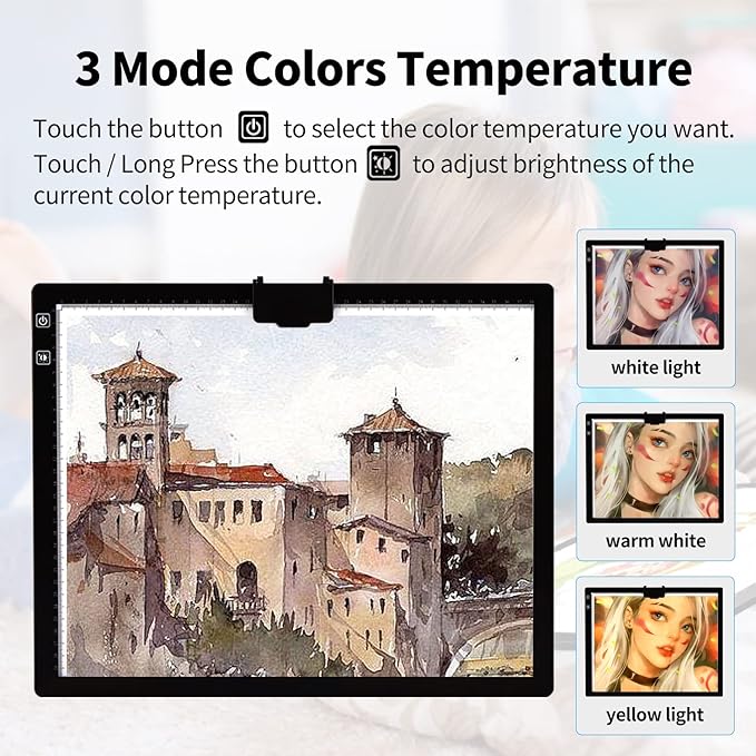 Elice Rechargeable A3 Light Pad with Carry Bag, Top Clip, Foldable Stand, 3 Colors/ 6 Levels/Stepless Dimmable Brightness Wireless tracing Light Box/Board for Diamond Painting, Cricut Weeding Vinyl