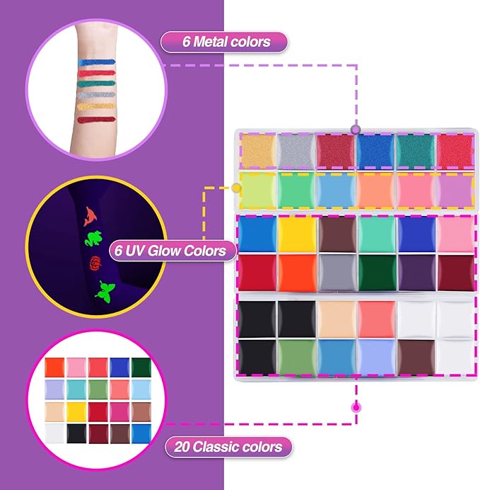 VESPRO Face Painting Kit For Kids Party,32 Colors Professional Oil Face&Body Paint Kit with 10 Brushes 4 Reusable Face Stencils,2 Glitters and 2 Sponges for Kids and Adults Halloween Makeup