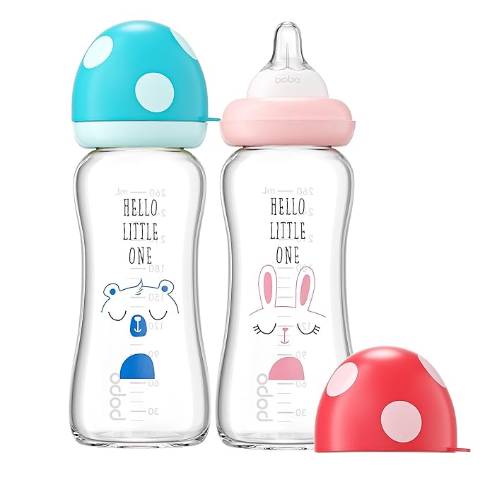 YOHKOH Natural Glass Baby Bottle with Natural Response Nipple, Newborn Anti-Colic Baby Bottles, Wide Neck Mushroom Cap Baby Bottle, Clear (8.8ounce (Pack of 2), Multicolour1)
