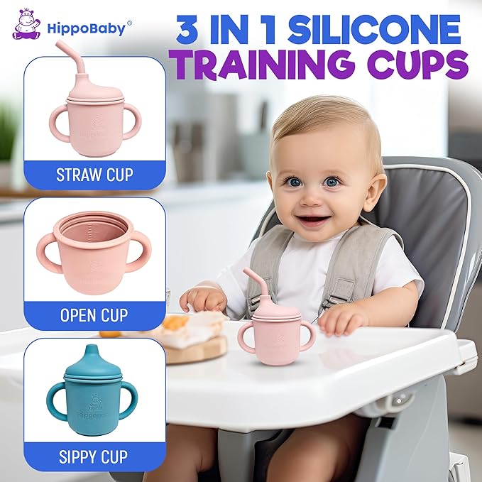 Silicone Transition Sippy Cup for 6+ month old | Includes 1 Toddler straw cup & 1 Baby Sippy Cup with Handles 5 oz | Perfect for Baby Led Weaning (Rose Quartz/SKy, 5 oz)