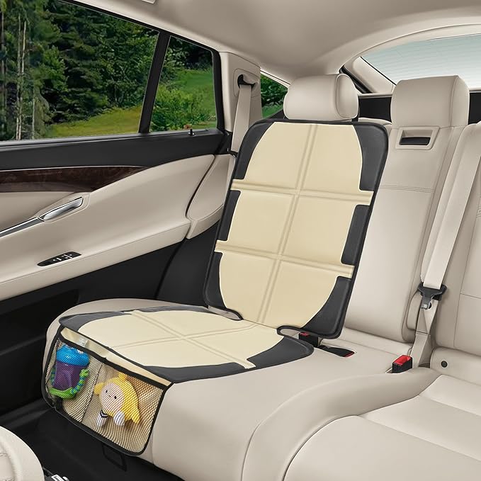 Car Seat Protector for Child Car Seat, 2 Pack Baby Car Seat Covers with Mesh Pockets & Non-Slip Backing 600D Durable Seat Protector Under Baby Car Seat for Car Back Seat (Beige, Large)