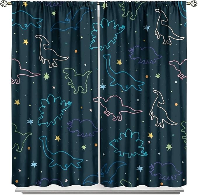 Cartoon Colorful Dinosaur Curtains for Kids Boys Girls Home Decor, Astronaut Funny Outer Space Star Blackout Rod Pocket Window Drapes for Bedroom Living Room W27.5xL63in 2 Panels