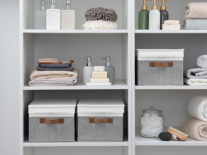 StorageWorks Large Storage Bins with Lids, Decorative Storage Boxes with Lid and PU Handles, Foldable Storage Baskets for Closet, Shelves, Stackable, Gray and White, 3-Pack