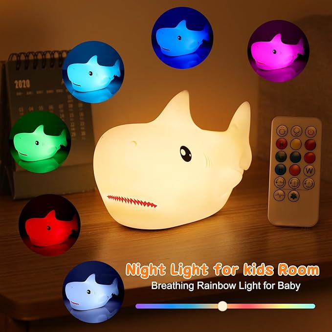 ZKLiLi Shark Night Light, Cute Silicon Night Light for Kids, Nightlight with Remote,Portable Recharge Nightlight for Kid Room,Funny Gifts Stuff for Boys Girls Baby