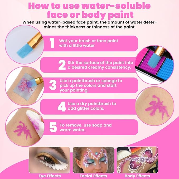 42 Color Face Painting Kit for Kids - Water Based, Non Toxic Face paint palette with Art Brushes, Stencils, Gems - For Halloween, Carnival, Costume Makeup, Parties & Cosplay