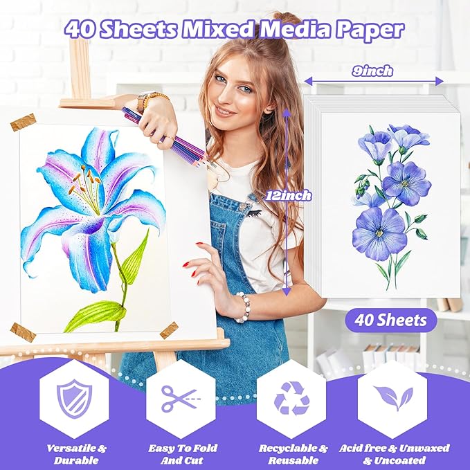 Mixed Media Paper 9" x 12", 40 Sheets (98lb/160gsm) Multipurpose Heavyweight Loose Drawing Art Paper for Sketching, Sketch Book, Gouache, Painting, Sketchbook, Drawing Pad Book, School