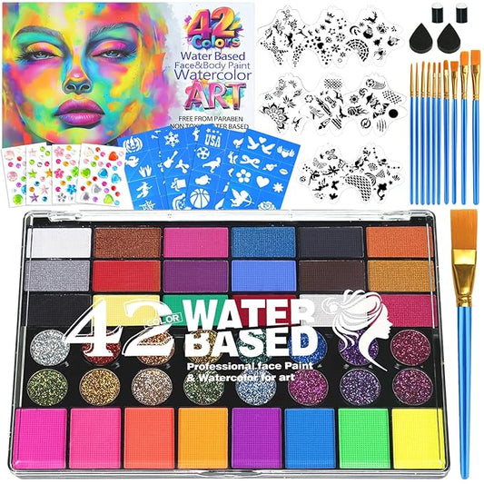Professional Face Painting Kit for Kids – 42 Color Water Activated Facepaint Makeup Kit, Non-Toxic face Paint with Stencils, Gems, Brushes– for Halloween, Parties, Carnival, School Event & Festivals