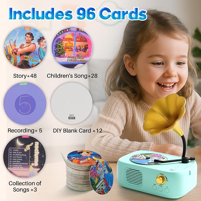 Kids Phonograph Toddler Record Player, with 96 Learning Cards, Early Education Machine Record Player Music Box Storyteller pop Speakers, Gift for Boys and Girls